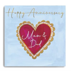 Happy Anniversary Mum & Dad - Red Heart with Gold Outline