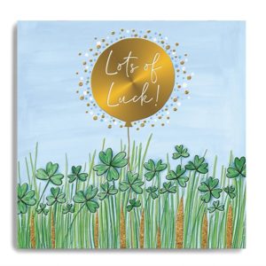 CARD ** Lots of luck - Gold Balloon in Field of Four Leaf Clovers