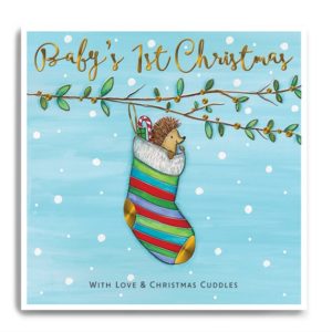 Hedgehog in a stripy stocking - Baby's 1st Christmas
