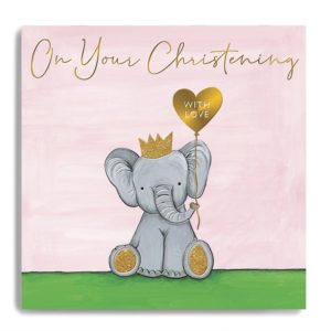 On Your Christening with Love-Elephant with Heart Balloon on Pink