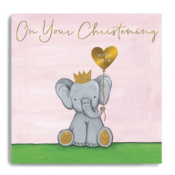 On Your Christening with Love-Elephant with Heart Balloon on Pink
