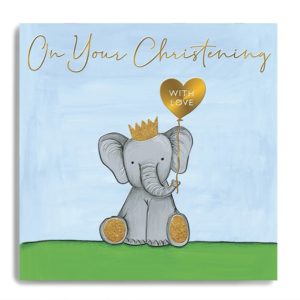 On Your Christening with Love-Elephant with Heart Balloon on Blue