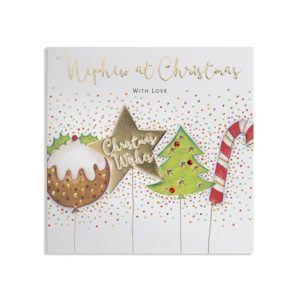 Nephew at Christmas - Pudding, Star, Tree & Stocking Balloons Card
